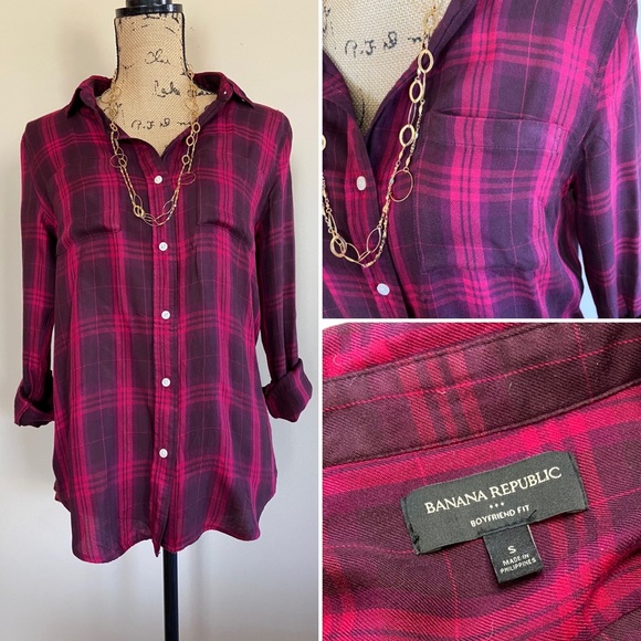 •Banana Republic•boyfriend fit plaid button top - Picture 1 of 8
